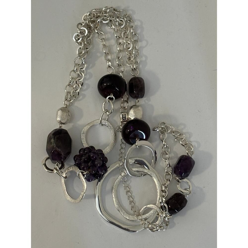 Vintage Etienne Aigner Statement Necklace Genuine Amethyst Silver Tone Long